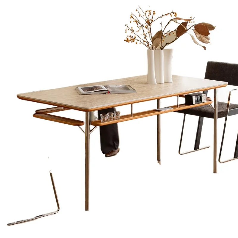 

Medieval ash wood table, living room household rectangular solid wood rock slab dining table, modern simple shelf integration