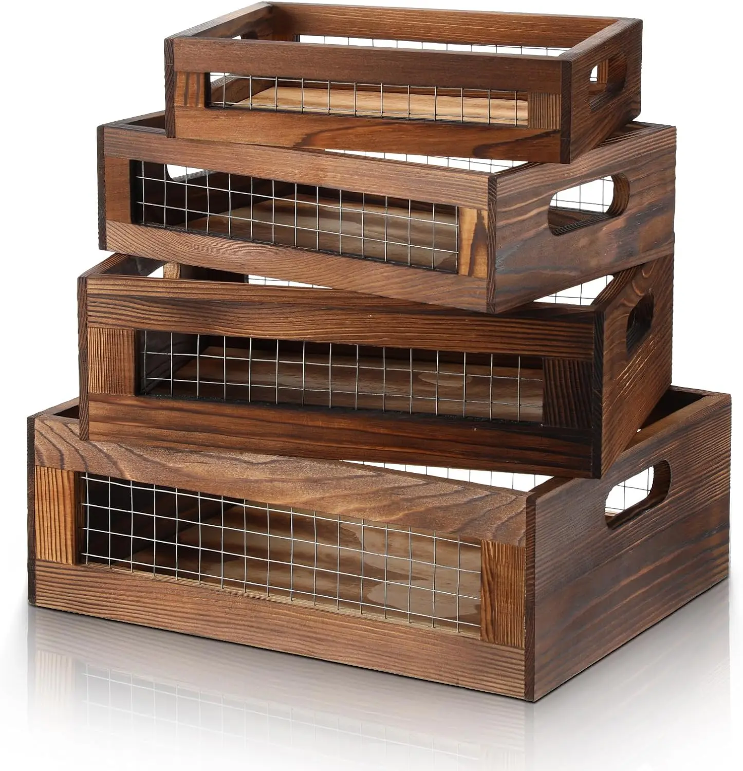 

4-Piece Wooden Nesting Baskets with Handles, Multi-Size Storage Boxes for Kitchen and Bathroom Organization