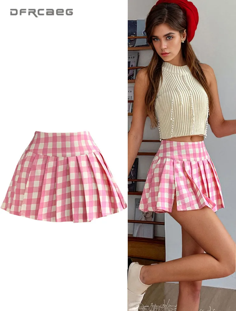 

American Retro Cute Plaid Short Pleated Skirt For Woman High Waist Sweet Sexy Split School Dancing JK Mini Skirts Girls