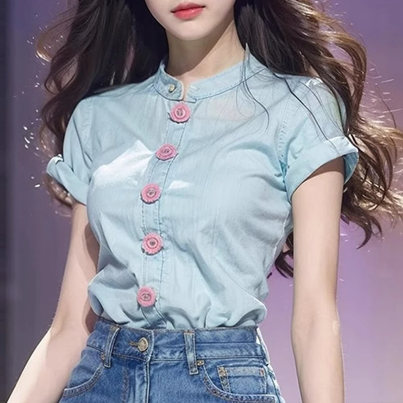 Unique Sli ort Sve Lake Blue irt Women's Faionable Unique irt Summer Retro Chinese Sle New Sle Commute Sle