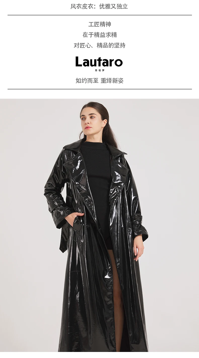 Lautaro Spring Autumn Black Shiny Reflective Soft Patent Leather Trench Coat for Women Luxury Designer Floor Length Clothes 2024