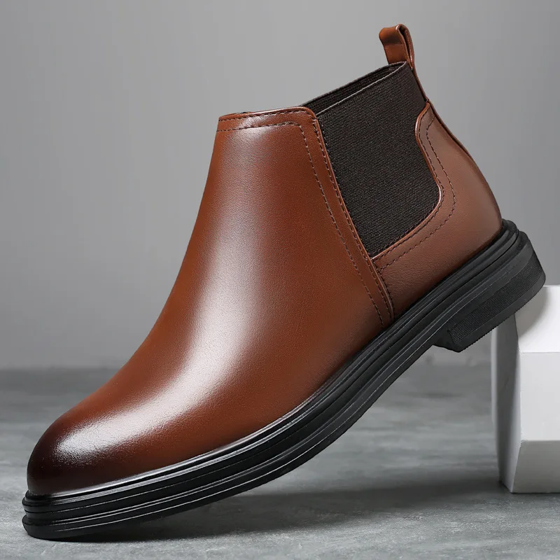 

Men Chelsea Boots Pointed Toe Casual Business Leather Shoes Autumn Winter Mens Slip-on High Top Leather Booties Zapatos Hombre
