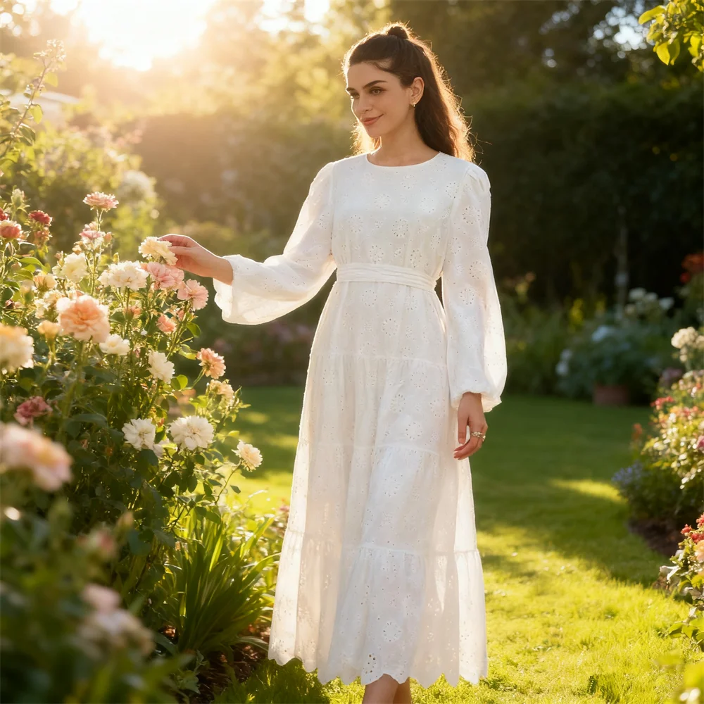 

Белая вышивка Абая для женщин Мусульманское платье макси Дубай Кафтан Ид Рамадан Исламская одежда Арабский халат Кафтан Марокаин Femme