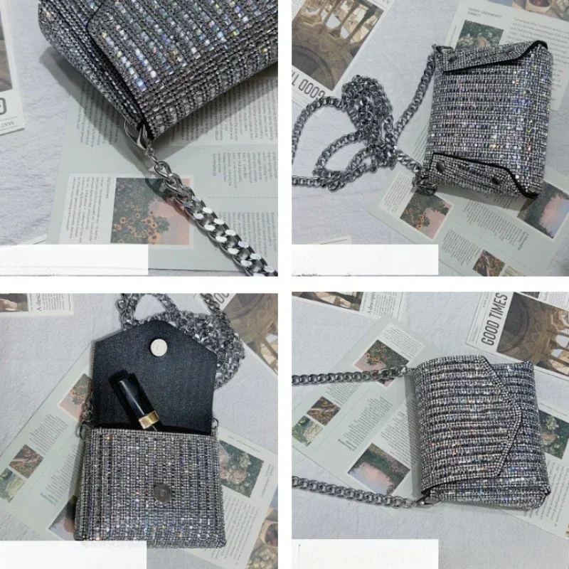 Kobieca torebka na ramię z łańcuszkiem, damska Mini Rhinestone, mała kopertowa torebka na ramię, pełna diamentowa torba wieczorowa Messenger
