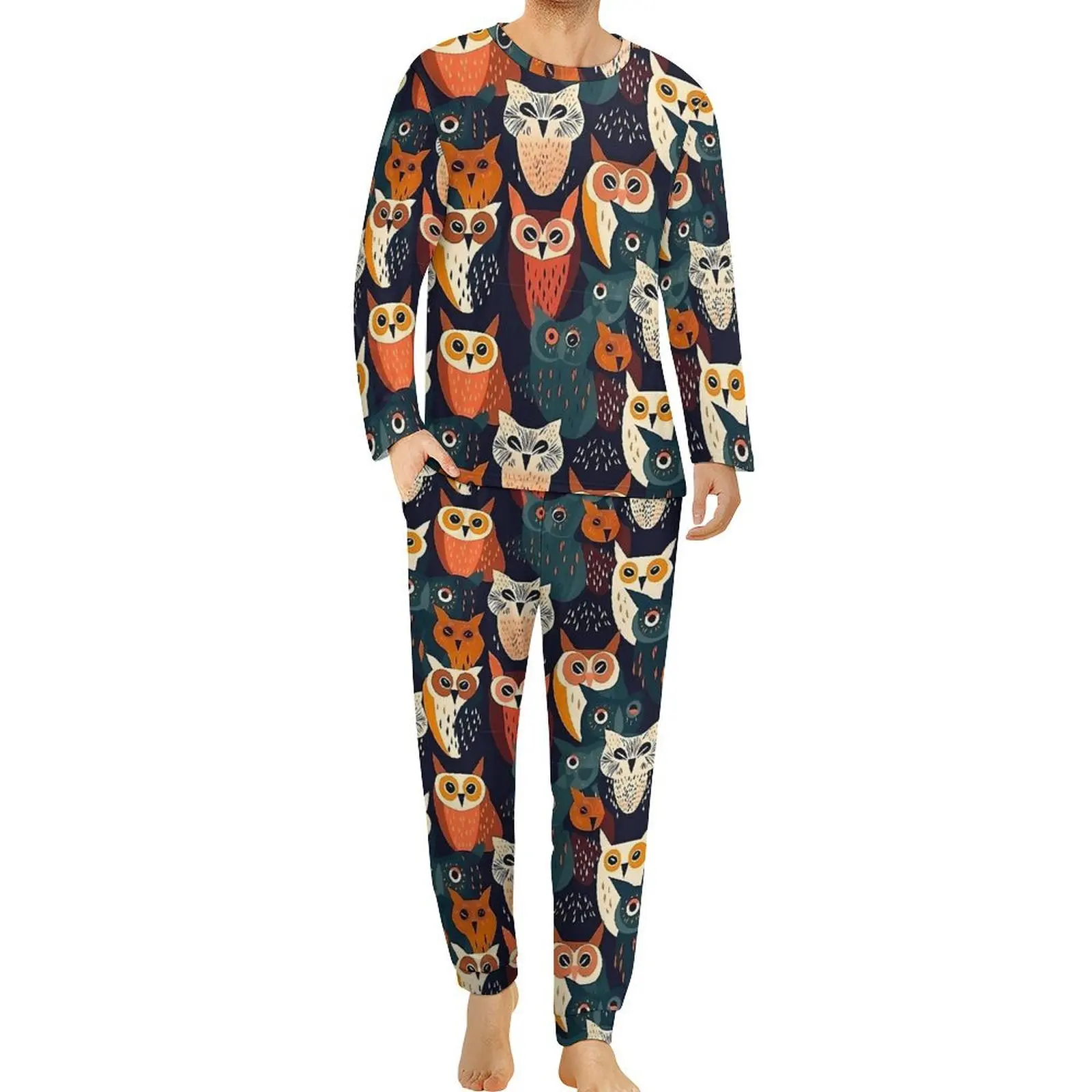 Artsy Bold Owl Pajamas Male Animal Print Trendy Sleepwear Daily Long Sleeve 2 Pieces Casual Design Pajama Sets Big Size 4XL 5XL