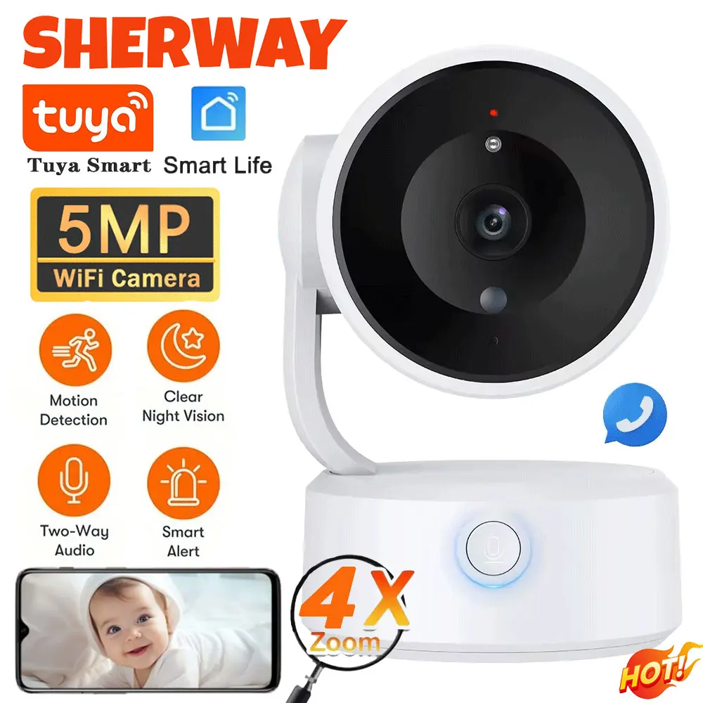 Tuya WiFi Camera One-touch Call Indoor Baby Monitor 5MP 4X Zoom PTZ IP Cam Auto Tracking Color Night Vision Video Surveillance