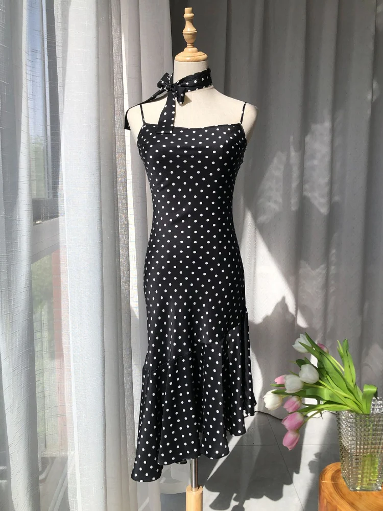 SuyaDream, vestido estampado de puntos para mujer, 100% seda auténtica, tirantes finos, corte al polarización, vestidos negros, ropa de primavera y verano 2025