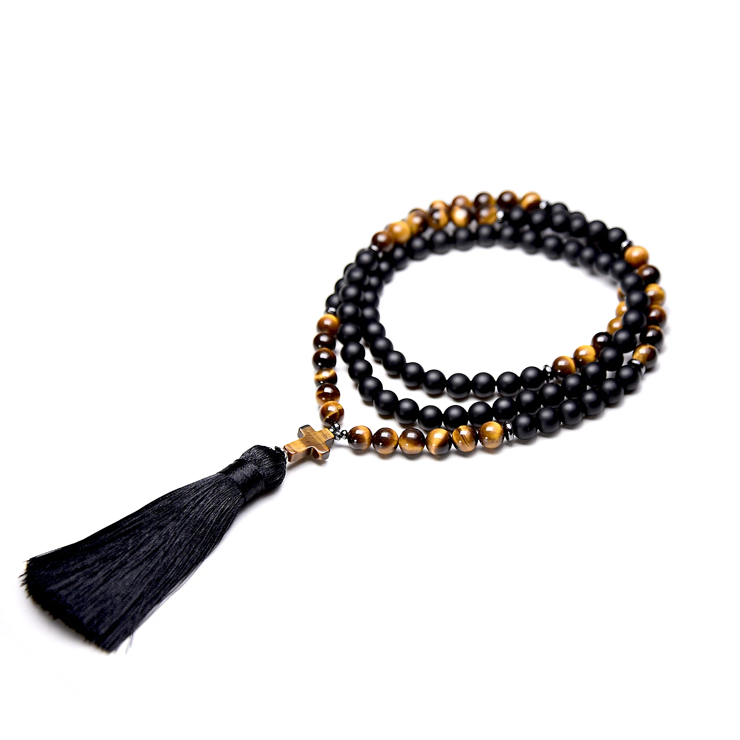 Natural Black Onyx 108 Japamala Necklaces For Men Yoga Mala Cross Rosary Tassel Long Necklace Women Reiki Healing Jewelry 8MM