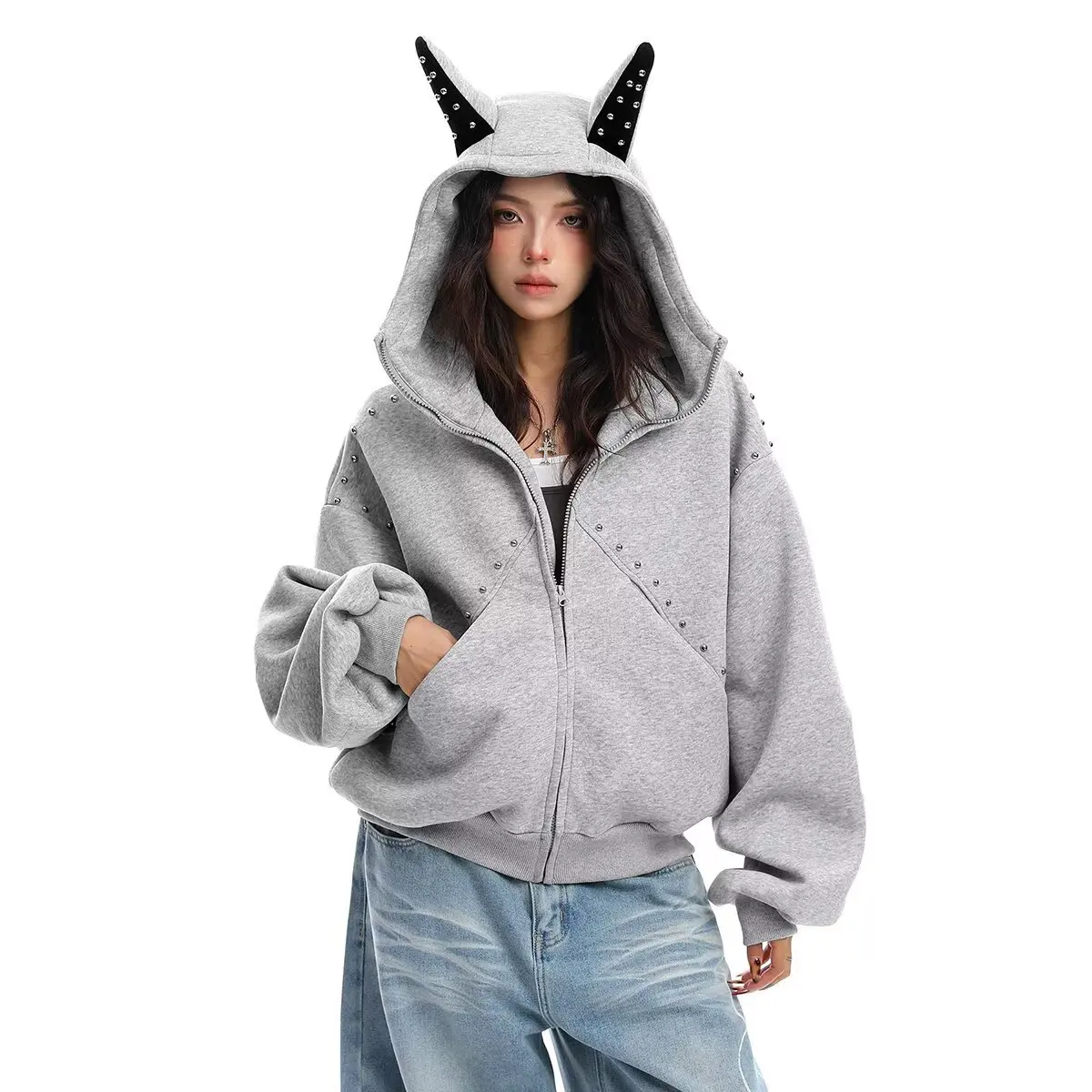 Abrigo con capucha con tachuelas de estilo americano Unisex, jersey de gran tamaño, ropa de calle para pareja, traje de pareja a la moda de otoño y primavera