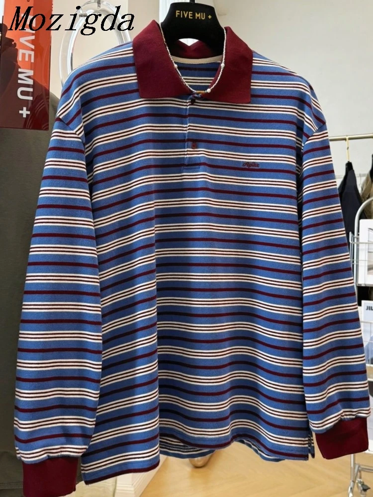 

Плюс размер полосатая футболка с длинным рукавом женская корейская свободная поло с вырезом осенний пуловер женские рубашки блузки Roupa Feminina