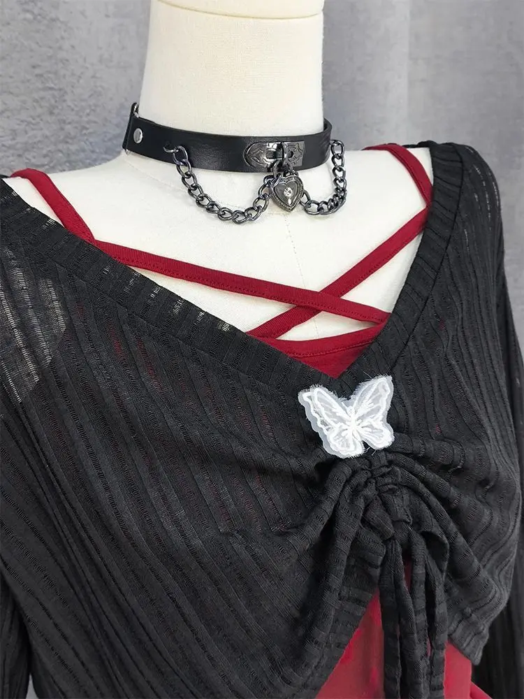 Set tre pezzi sottile gotico giapponese sottocultura estiva design punk grembiule irregolare Y2k bretella plaid gonna gonfia vestito 2025 nuovo