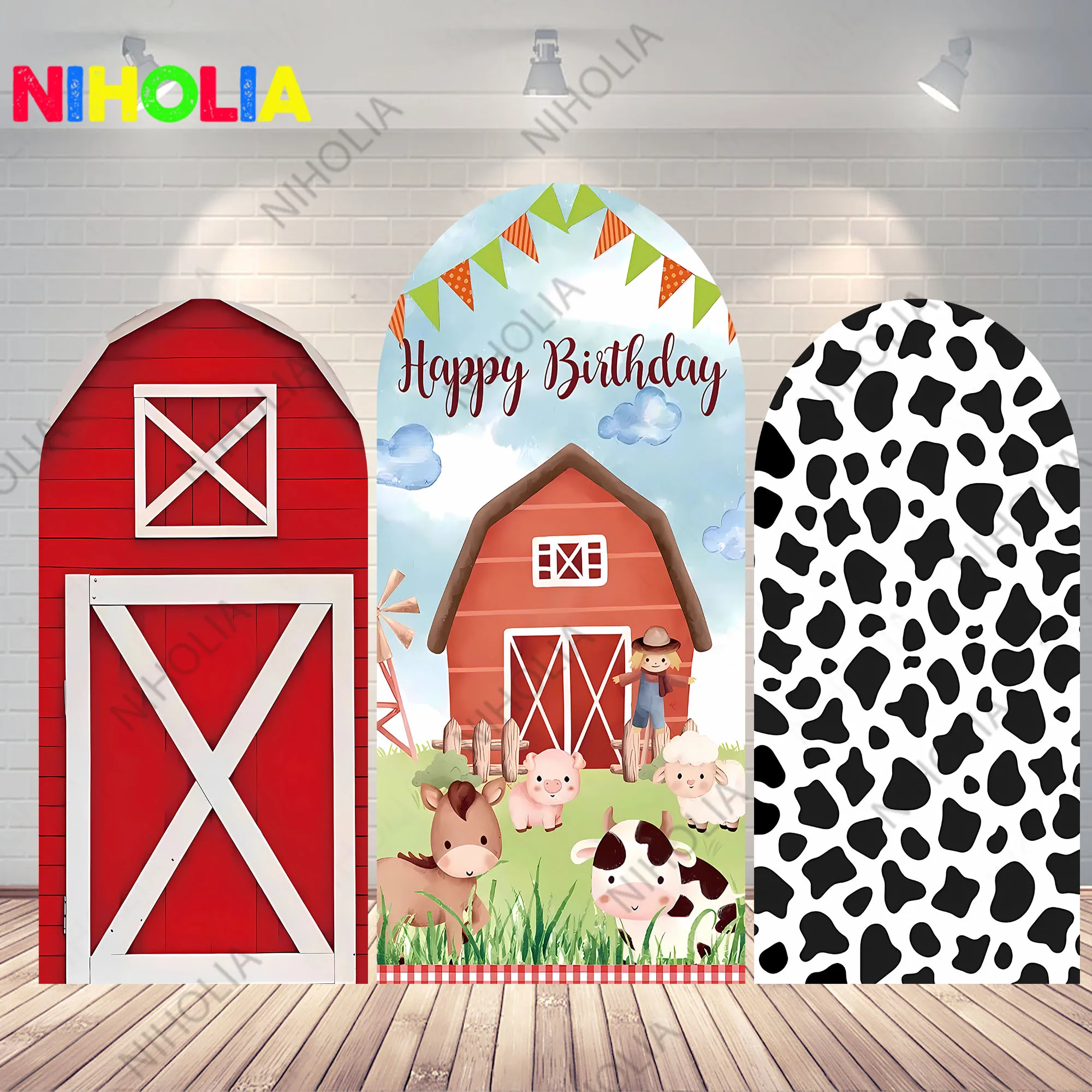 Niholia Farm Animals Arch Backdrop Kids Birthday Party Photo Background Baby Shower Double Side Polyester Fabric Photo Booth Prop