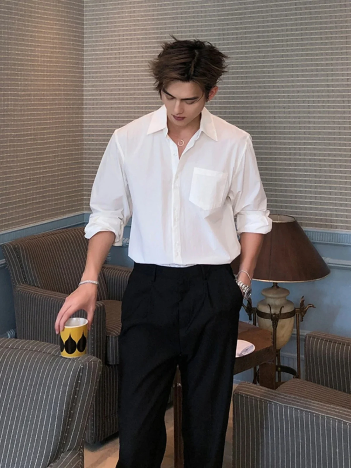 

Casual Long Sve White irt for Men Dapper Briti Sle Inner Wear irt Youth Trendy Loose Fit Four Seasons Versatile