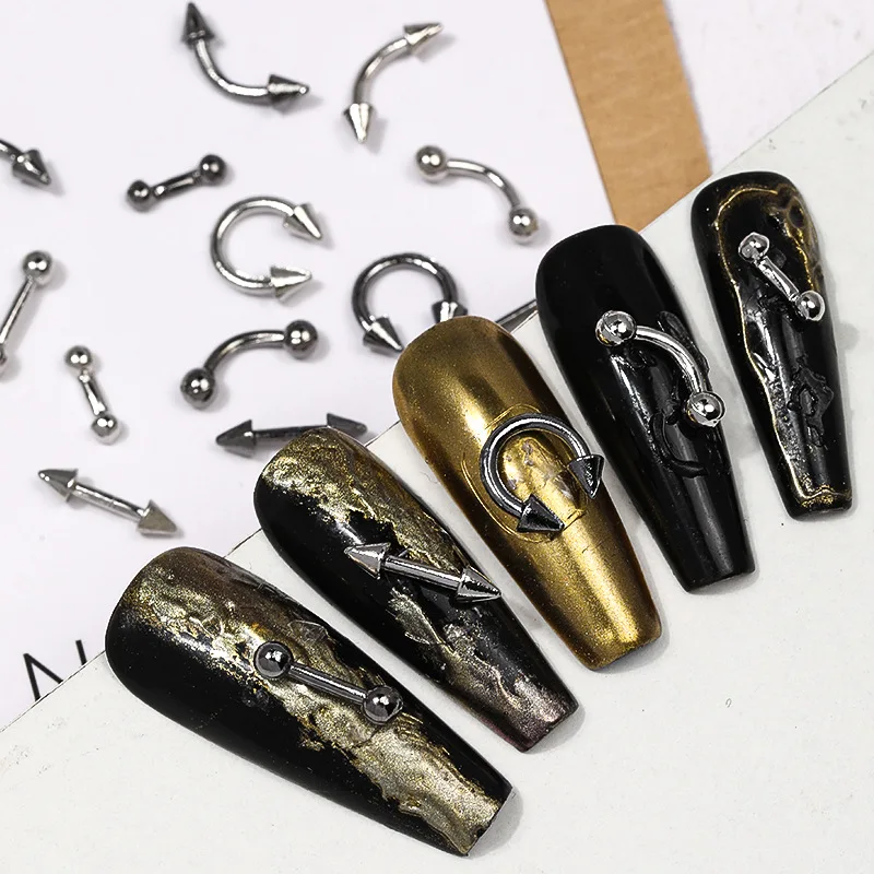 30 pçs estilo punk acessórios do prego piercing liga studs metal curva seta rebite peças encantos para unhas arte decoração suprimentos
