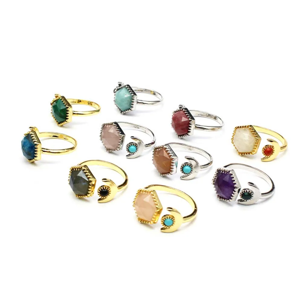 

Natural Labradorite Adjustable Ring Hexagonal Multifaceted Semiprecious Stone Luxury Crystal Amazonite Quartz Women Finger Rings