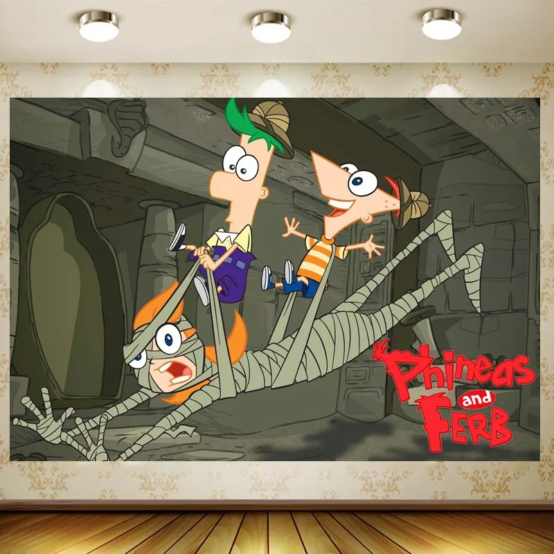 Cartoon Phineas and Ferb Kids Birthday Party Backdrop Supplies Baby Shower Photography Banner Photo Background For Table Decor