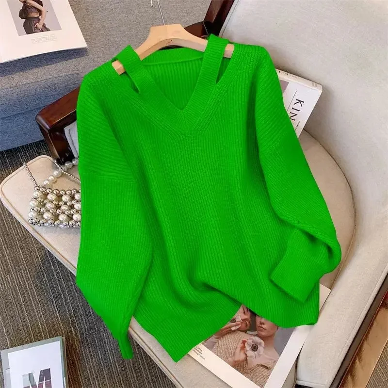 

European Women Large Size 4XL Knitted Coat 2025 Feminine V Neck Sweater Tops Autumn Ladies Pullover Solid Color Knitting Jacket
