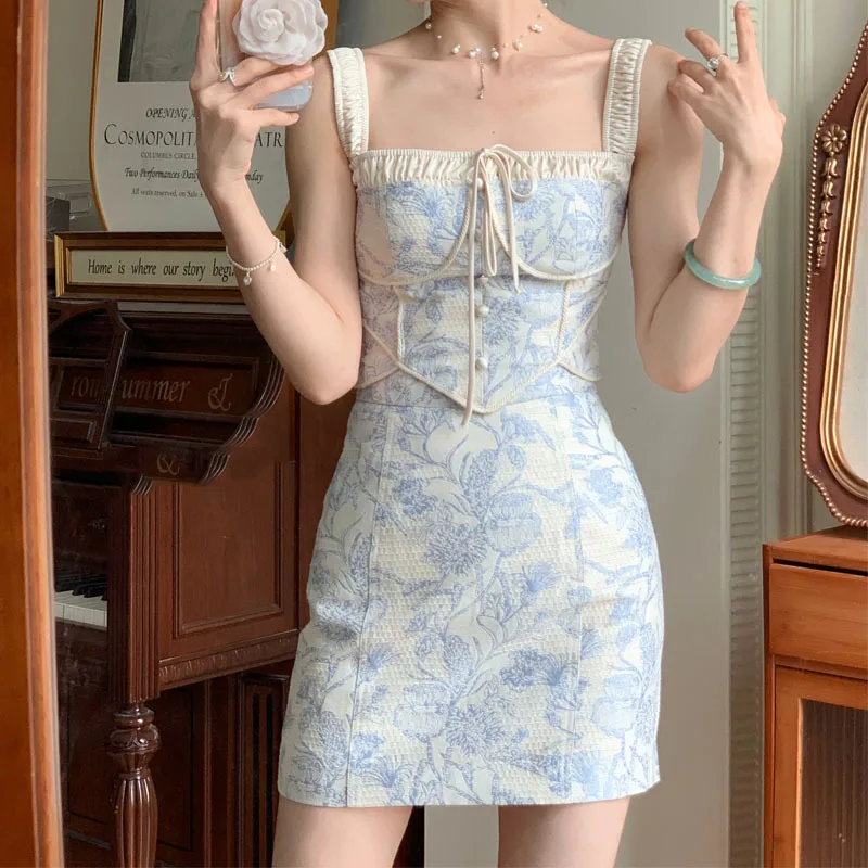 

Women's Summer Sets New Print Strap Top + Half Skirt Two Piece Suits