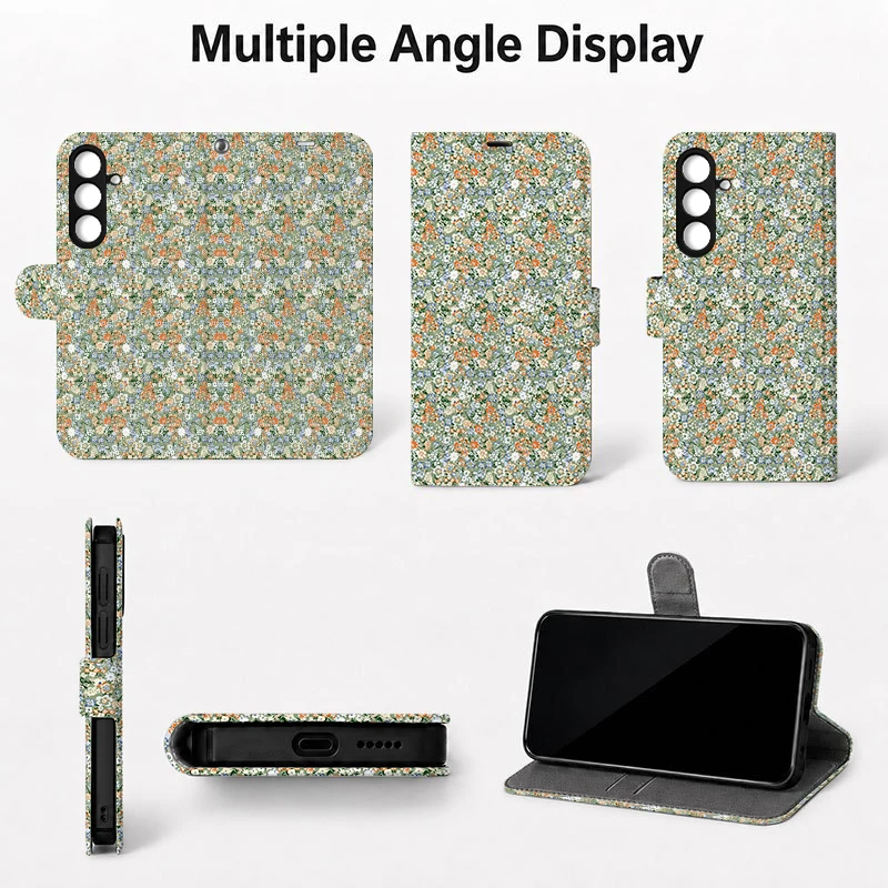 Blue Floral Pattern 2D Flip Cover Artificial Leather Phone Case for Samsung S26 S25 S24 S23 S22 A55 A36 with Foldable Stand