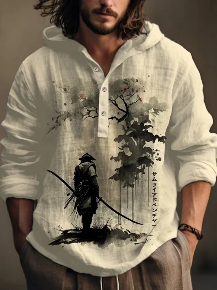 Man Clothes Men's Retro Japanese Samurai Ink Painting Print Hooded Shirt 2026 Autumn New Fashion Dropped Shoulder Blouses Males