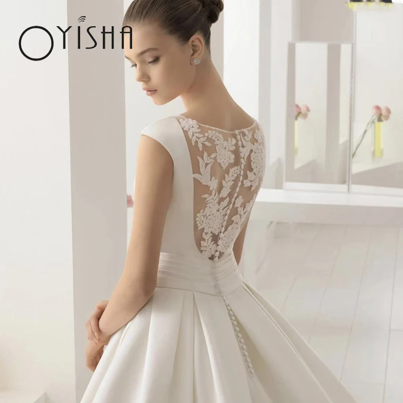 OYISHA Simple Satin Wedding Dresses For Bride 2023 Illusion Back Appliques Lace Bridal Gowns Bow Button A-Line Vestidos De Novia