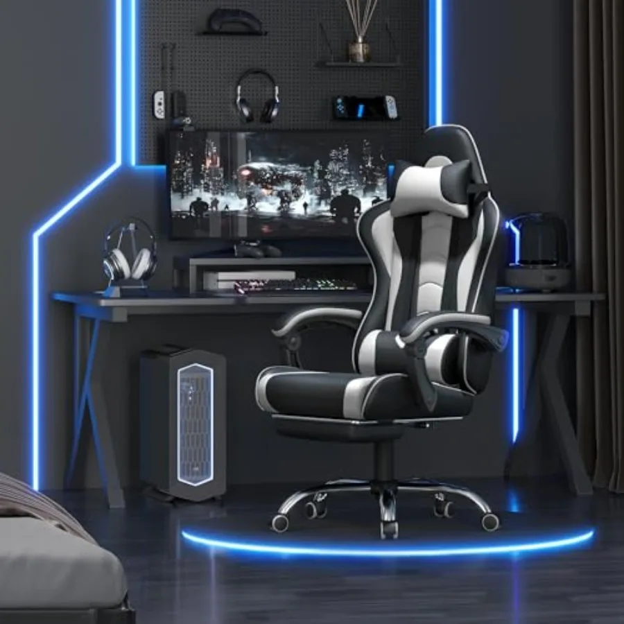 Gaming Chair with Footrest, Massage Lumbar Pillow, Black and White for Home Office and Gaming Setup