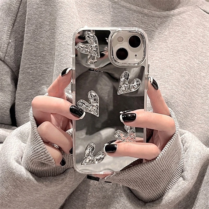 럭셔리 3D 러브 하트 메이크업 거울 전화 케이스 iPhone 15 14 13 12 Pro Max 11 한국 INS 실버 전기 도금 소프트 뒷면 커버