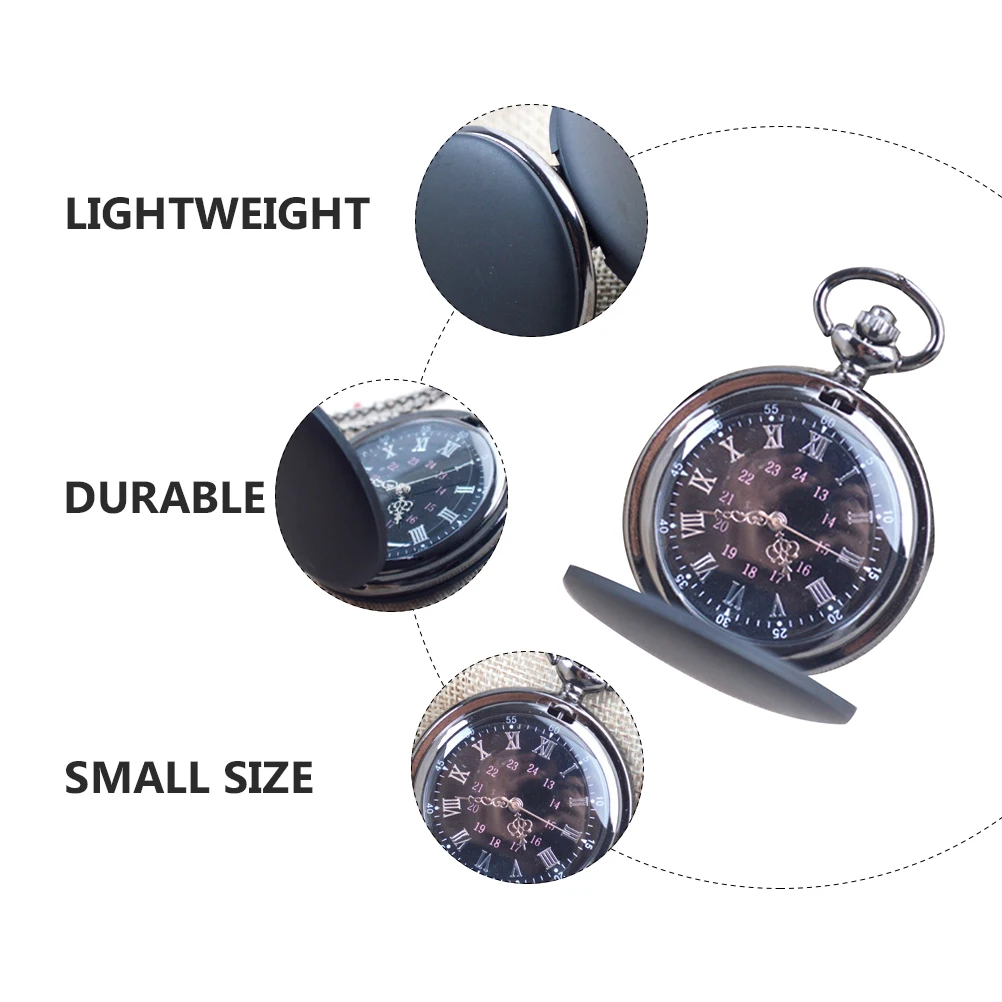Quartz Pocket Watch Black Frosted Compact Lightweight Portable Retro Vintage Watch Chain Included for Men Women