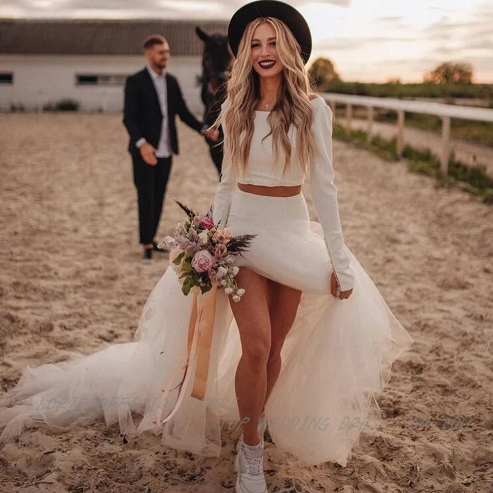 

2024 Sexy Two Pieces Wedding Dresses Long Sleeves O-Neck Bodycon Mermaid Bridal Gowns With Puffy Tiered Tulle Skirt Gown 2023 De