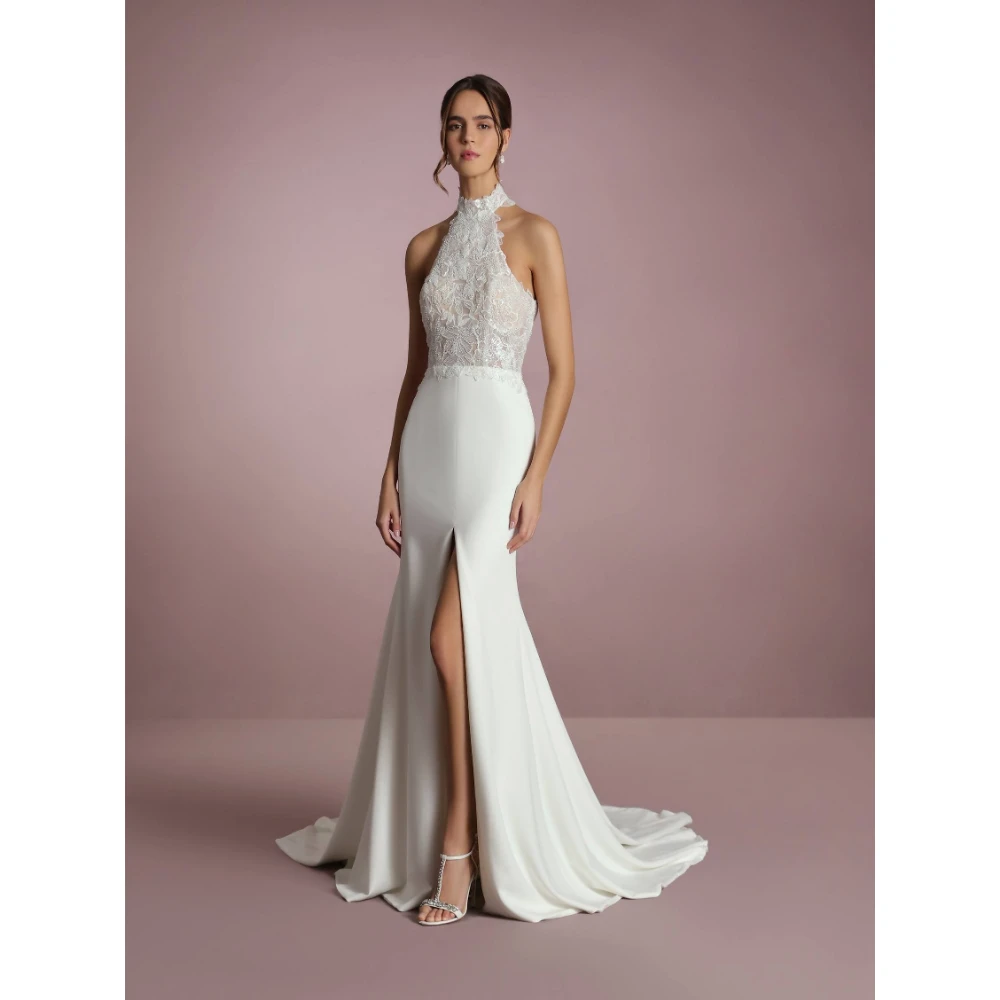

ESBRIDE Elegant White Civil Wedding Dress High Neck Slit Wedding Dress Backless Sleeveless Bride Gown Dresses Luxury Customized