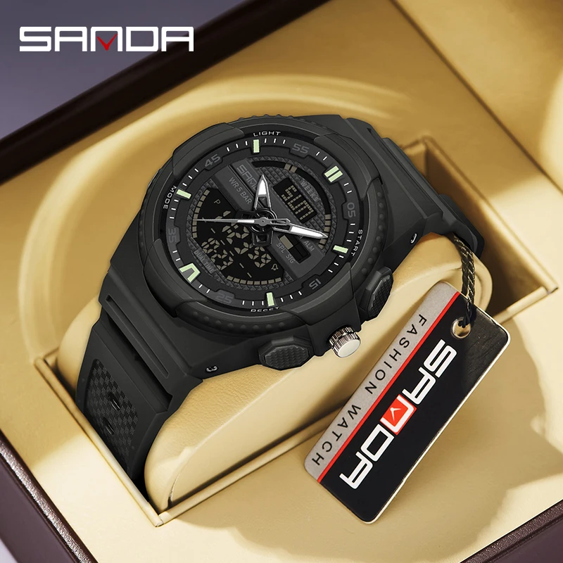 SANDA 9030 Hot Selling Men's Watch Moda Tendência Casual Homens e Mulheres Impermeável Dual Display Despertador Relógio de Pulso