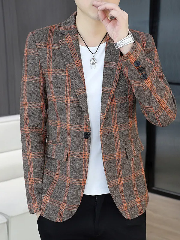 

Мужская приталенная однобортная куртка в клетку на весну-осень, модная повседневная деловая, из полиэфирного волокна, с воротником-стойкой, длинный рукав