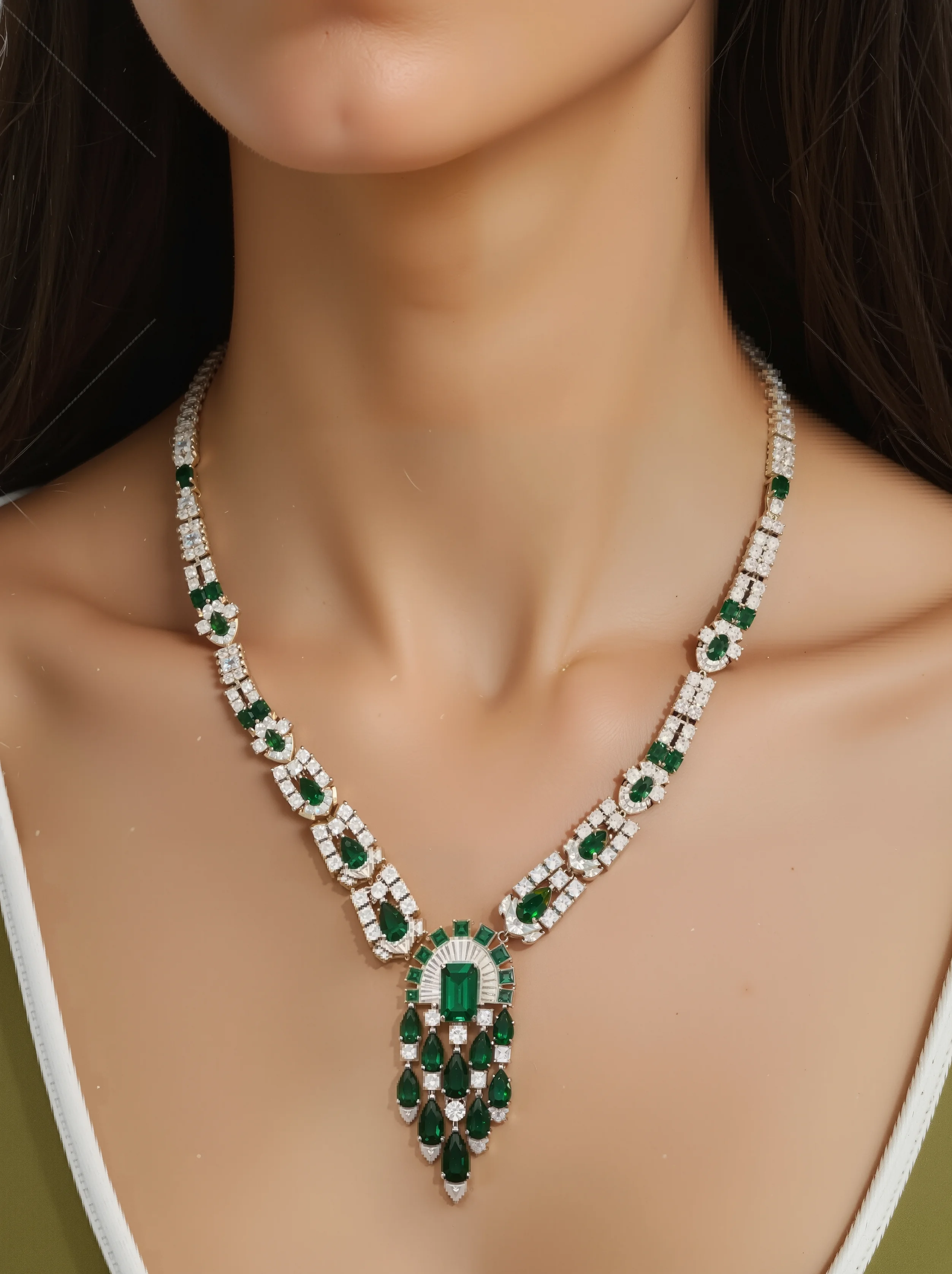 

Emerald & Diamond Necklace – Art Deco Gold-Plated Book-Inspired Design with Luxury Mirror Background – Evening/Wedding Elegance