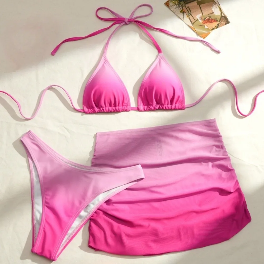 Lace Up 3 in 1 Gradient Color Swimwear Set Slim Fit Deep-V Bikini Bathing Suit Beachwear Clothing Sleeveless Swimsuit Ladies