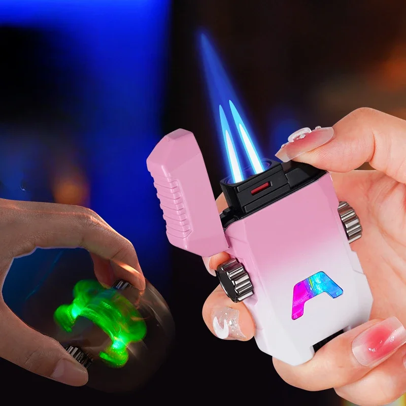 New Rotating Gyro Double Direct-injection Windproof Lighter Luminous See-through Air Chamber Cool Mecha Style Inflatable Lighter
