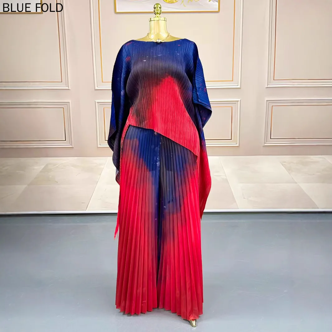 

MIYAKE Fashion Suit Microfat Plus Size Women's Two-piece Pleated Print Top + Pleated Casual Pants