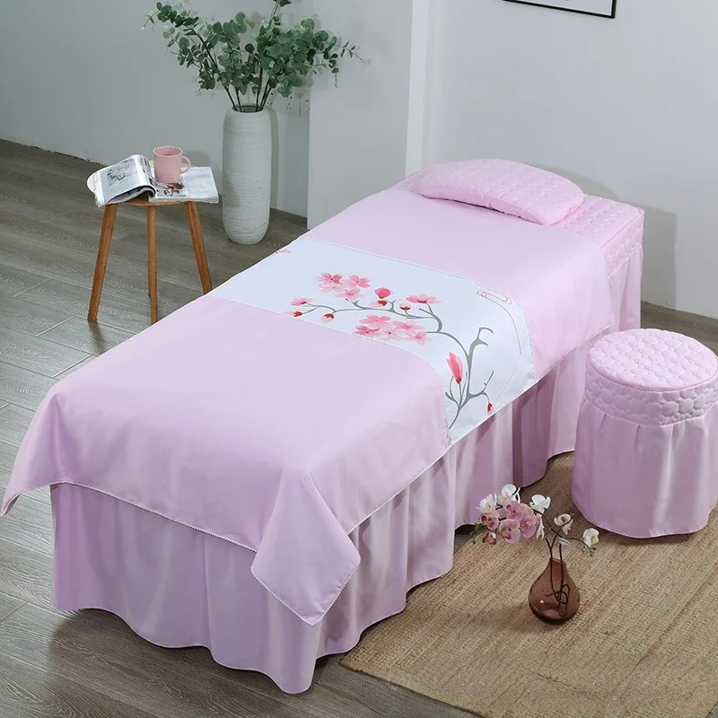 Peach Blossom Beauty Salon Bedding Set Tuina Massage Therapy Spa Bedskirt Stoolcover Pillowcase Duvet Cover 4pcs Sets