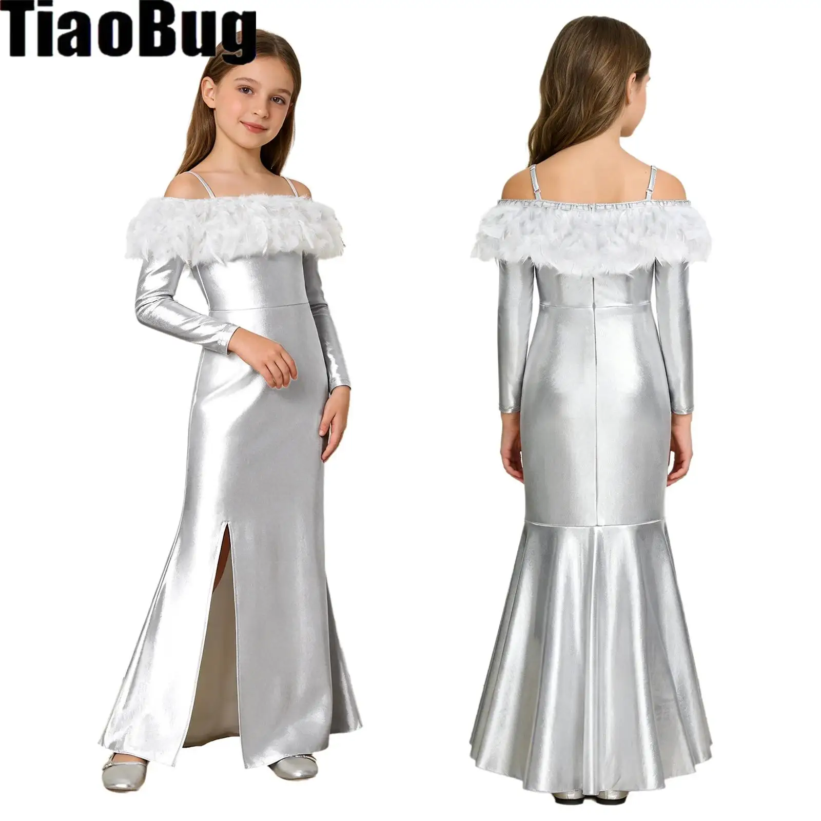 

Kids Girls Feather Formal Dress Off Shoulder Trim Mermaid Pageant Dress Long Sleeve Slit Hem Metallic Shiny Maxi Dress