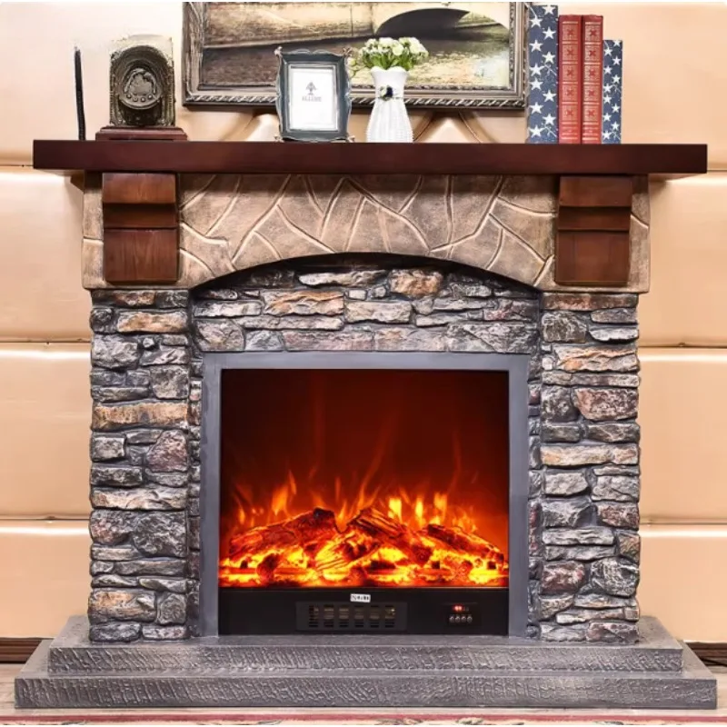 American and European style fireplace, vintage stone replica mantelpiece, realistic flame heating chamber