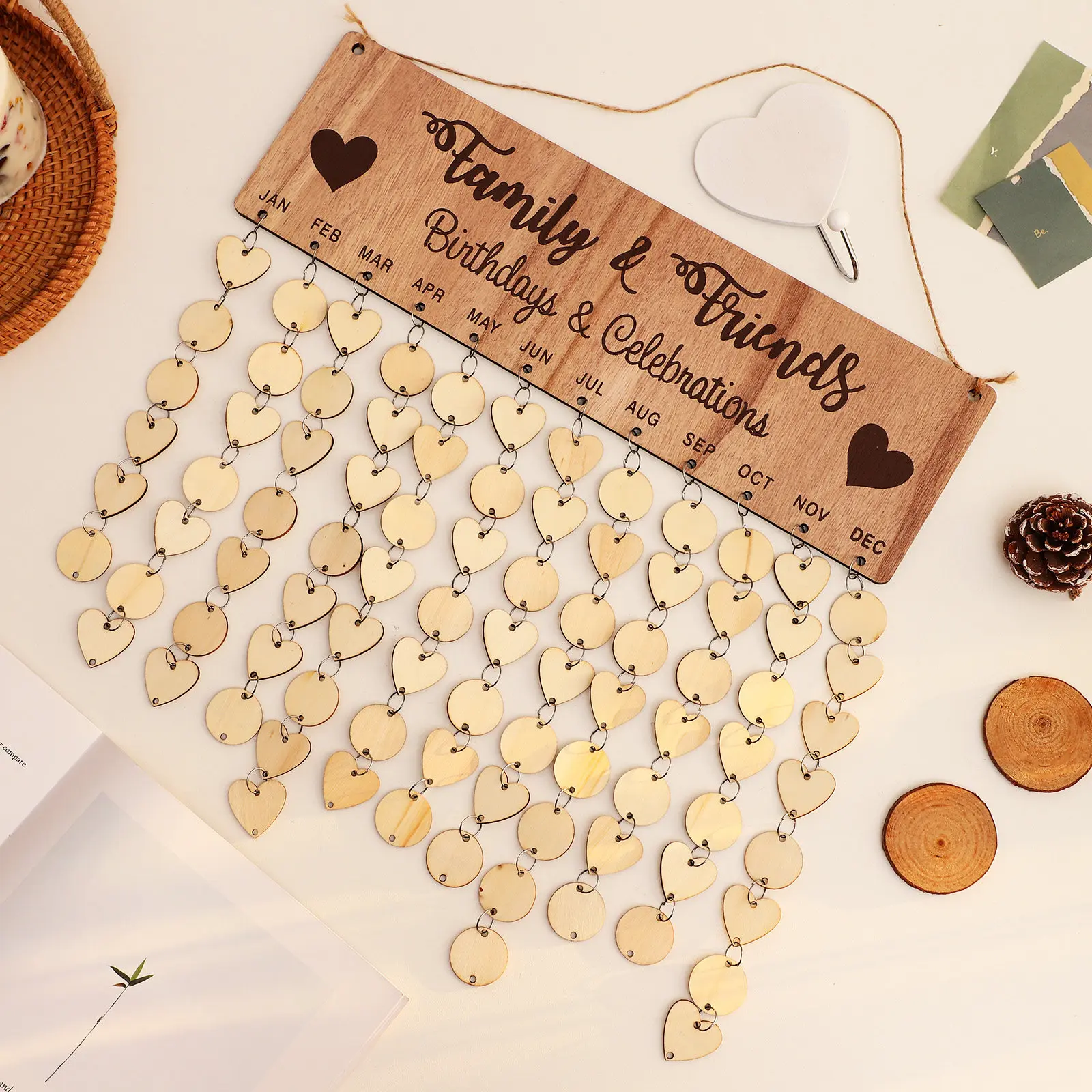 

1Set Wooden Countdown Board Wall Hanging Calendar with Rope Hook Self-Adhesive Mounting Hardware Natural Wood Discs DIY Family