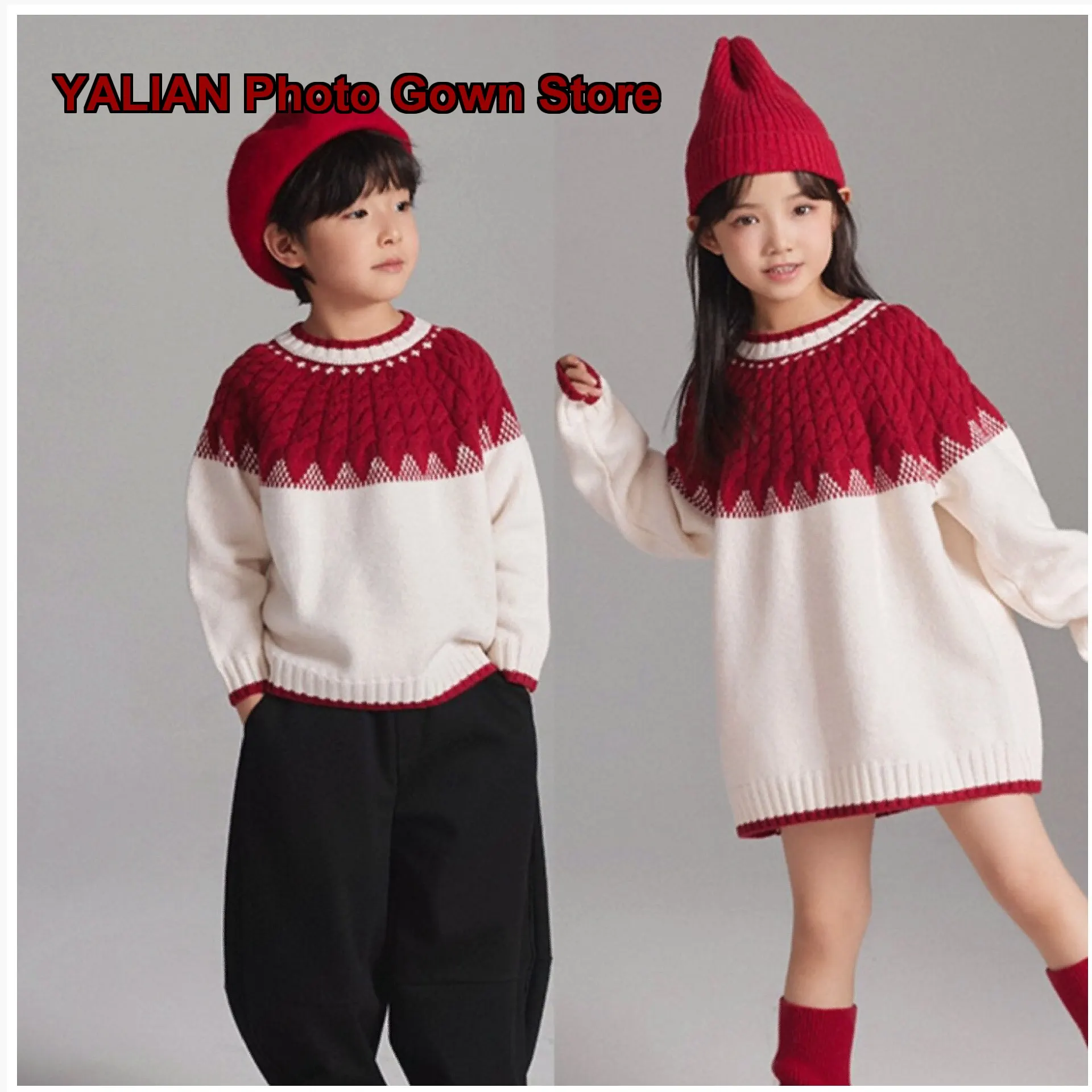Sibling Boys Girls Thickened Knit Sweater Set for Children Warm Winter Outfit for New Year Kids