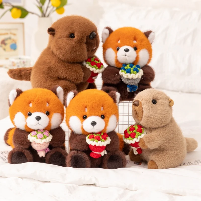 

Creative Hand-held Flower Groundhog Hat with Rose Plush Toys Stuffed Animal Soft Lesser Panda Plushi Doll Wedding Valentine Gift