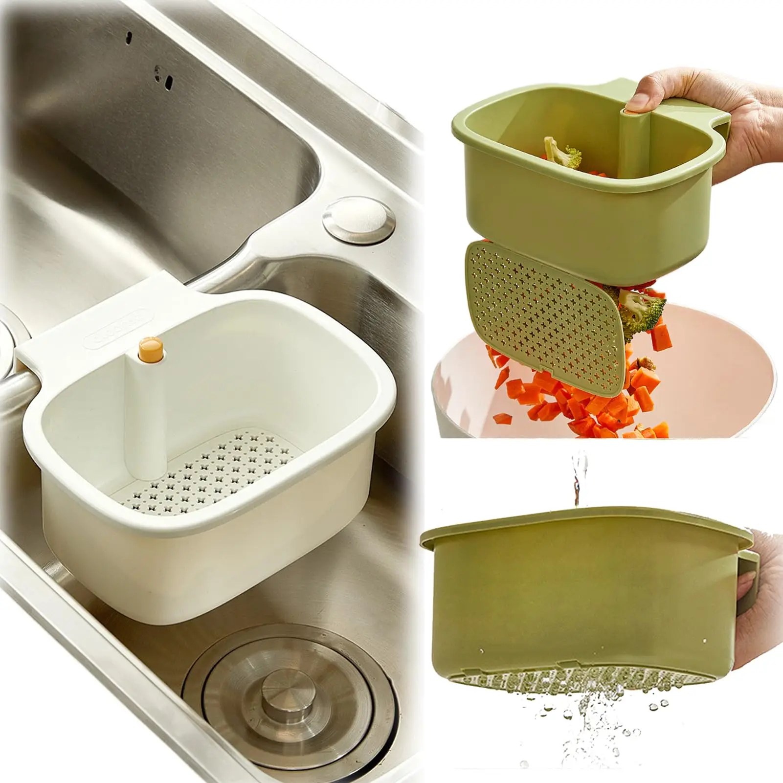Cesta de drenaje para fregadero de cocina Cesta de filtro para residuos de alimentos Separador de fregadero de cocina Prensa y vierte Cestas de almacenamiento para manos no sucias