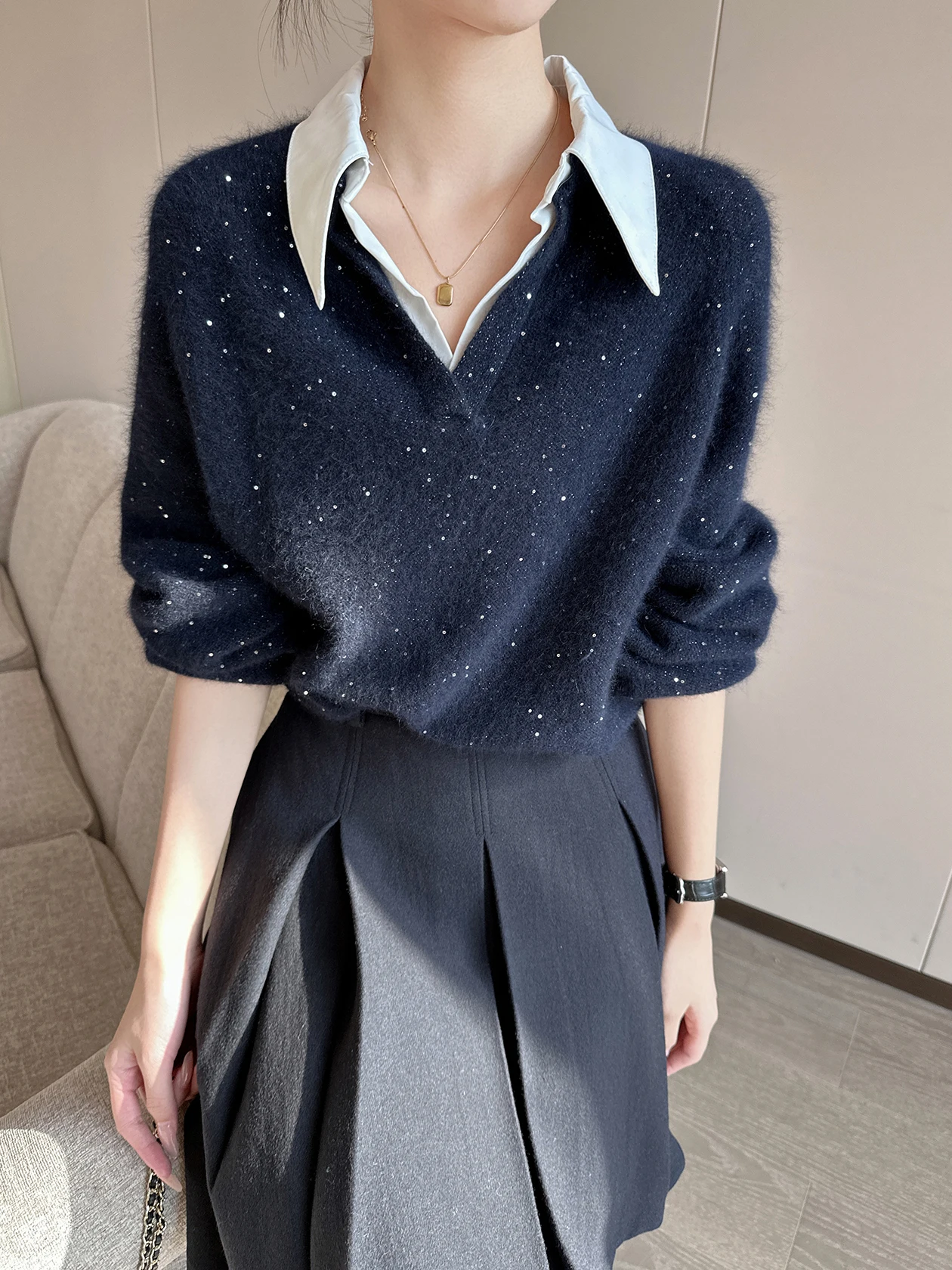 

Мягкий блестящий вязаный свитер с пайетками и воротником-стойкой, имитация двойки, женский, зимний, новый стиль, повседневный, свободный крой, с длинным рукавом