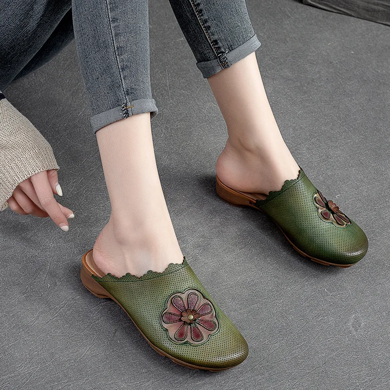 GKTINOO 2024 Summer Shoes Women Slippers Floral Genuine Leather Outside Slides Retro Women Flat With Concise Ladies Slippers