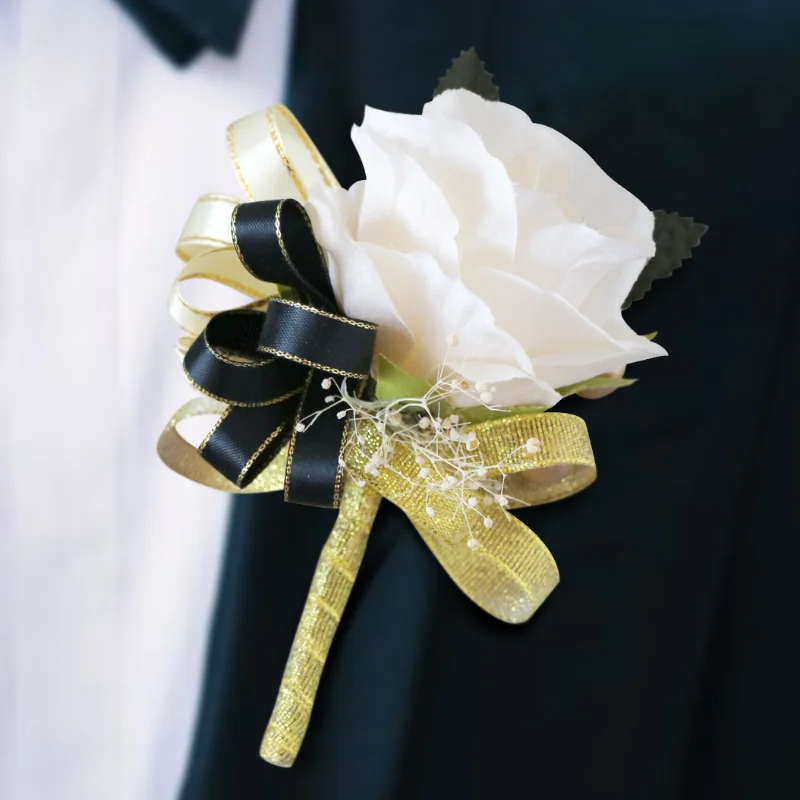 Champagne Artifical Flowers Boutonnieres Wrist Corsage Rose Ribbon Marriage Wedding Accessories for Party