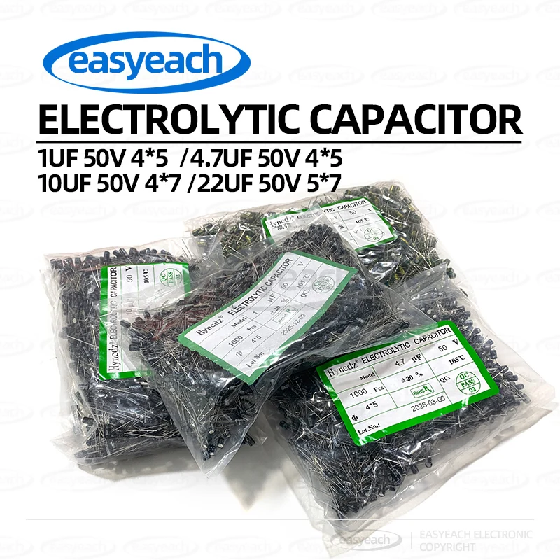 1000PCS HYNCDZ 1UF 50V 4 * 5 electrolytic capacitor 4.7UF 50V 4 * 5 direct insertion 10UF 50V 4 * 7 22UF 50V 5 * 7