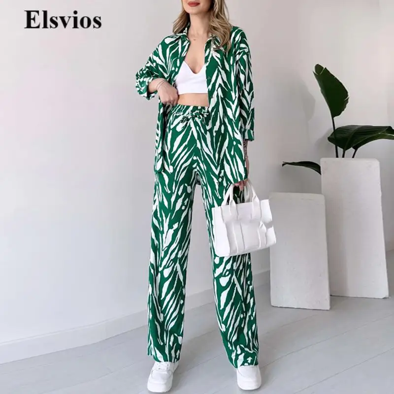 

Casual Long Sleeve Loose Blouse And High Waist Pants Outfits Fashion Print Lady Shirt Two Piece Suit Spring Summer Women 2pc Set