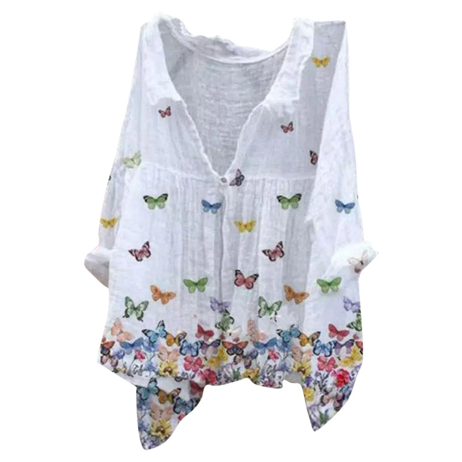 

Women's Floral Butterfly Print Natural Autumn Fragrant Fabric Shirt Women V Neck Tops