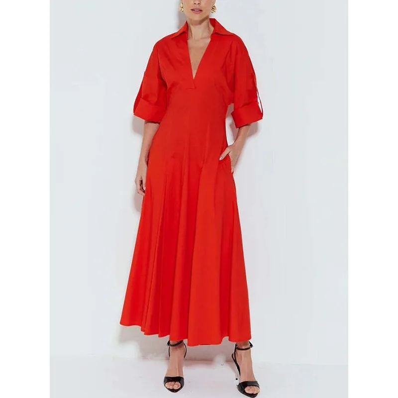 여성용 레드 100% 면 드레스 2025 A라인 플리츠 오피스웨어 브이넥 긴팔 기본 셔츠 드레스 여성 의류 179809